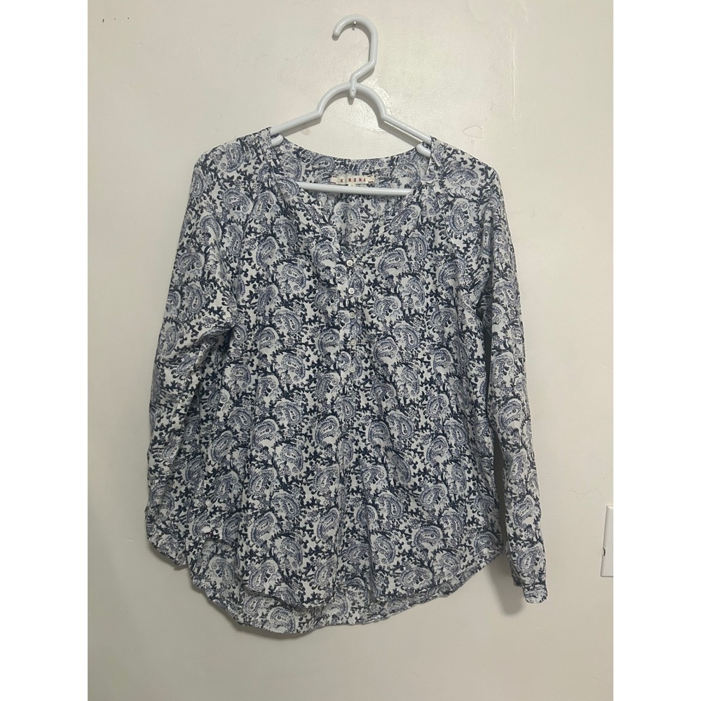 Xirena Blue White Paisley Cotton Gauze Button Front Blouse Small Made in USA